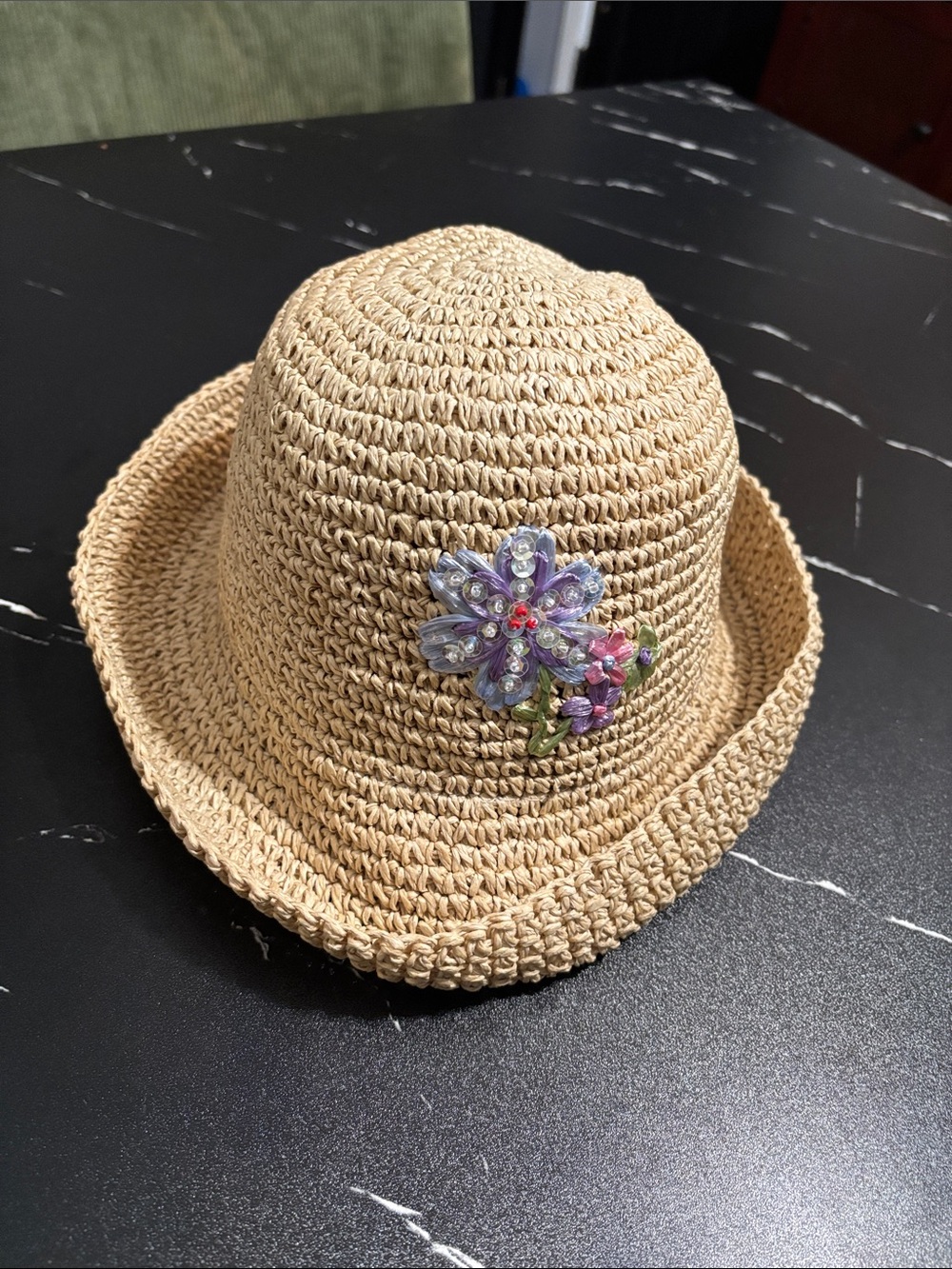 Limited Too Woman Beige Sun Hat with Floral Accent